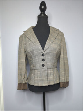 Chapter One Plaid Peplum Blazer Jacket Size 8 Brown Polka Dot Lining Y2K